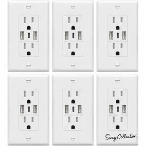 TopGreener TU21536AC3 6-Pack 15A USB A+C TR Outlet White UL Listed